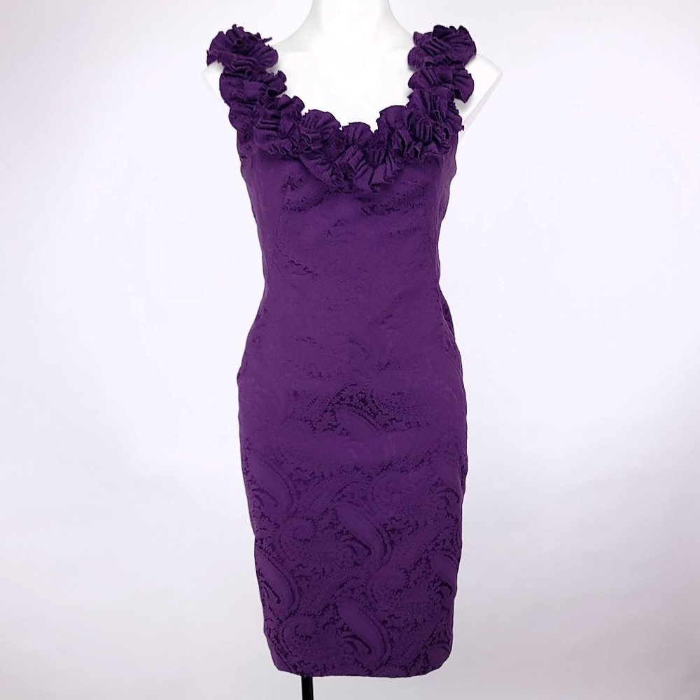 Maggy London Sleeveless Ruffled Neckline Jacquard‎ Print Pencil Dress